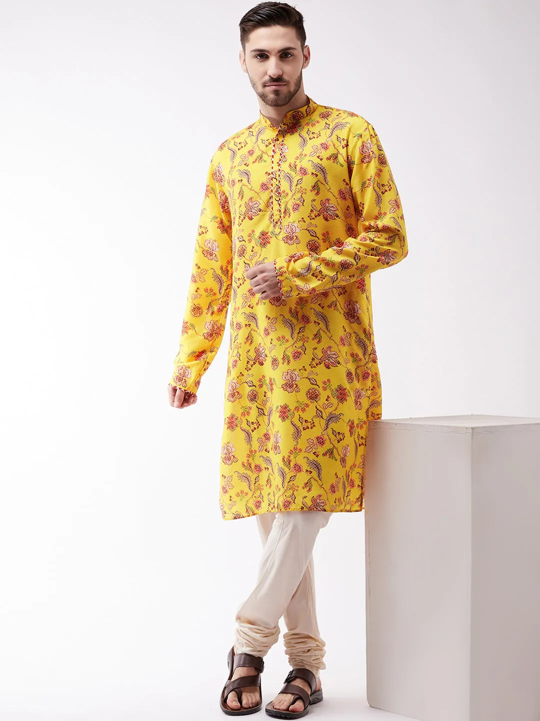 VASTRAMAY Men's Floral Muslin Kurta Pyjama