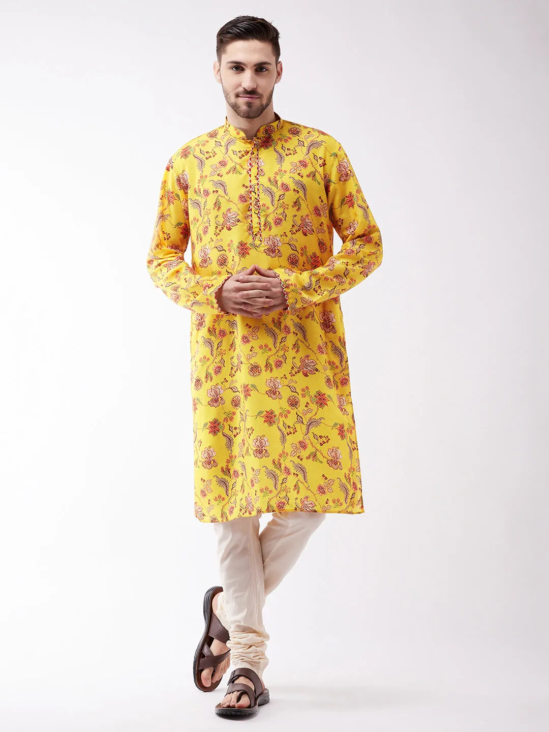 VASTRAMAY Men's Floral Muslin Kurta Pyjama