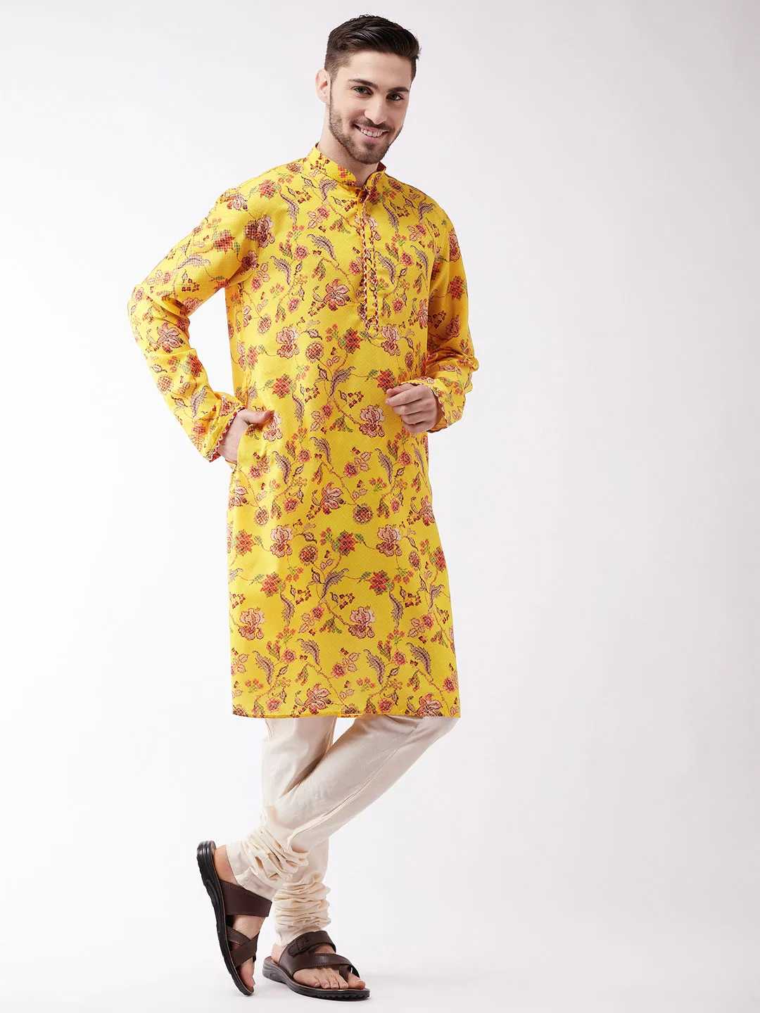 VASTRAMAY Men's Floral Muslin Kurta Pyjama