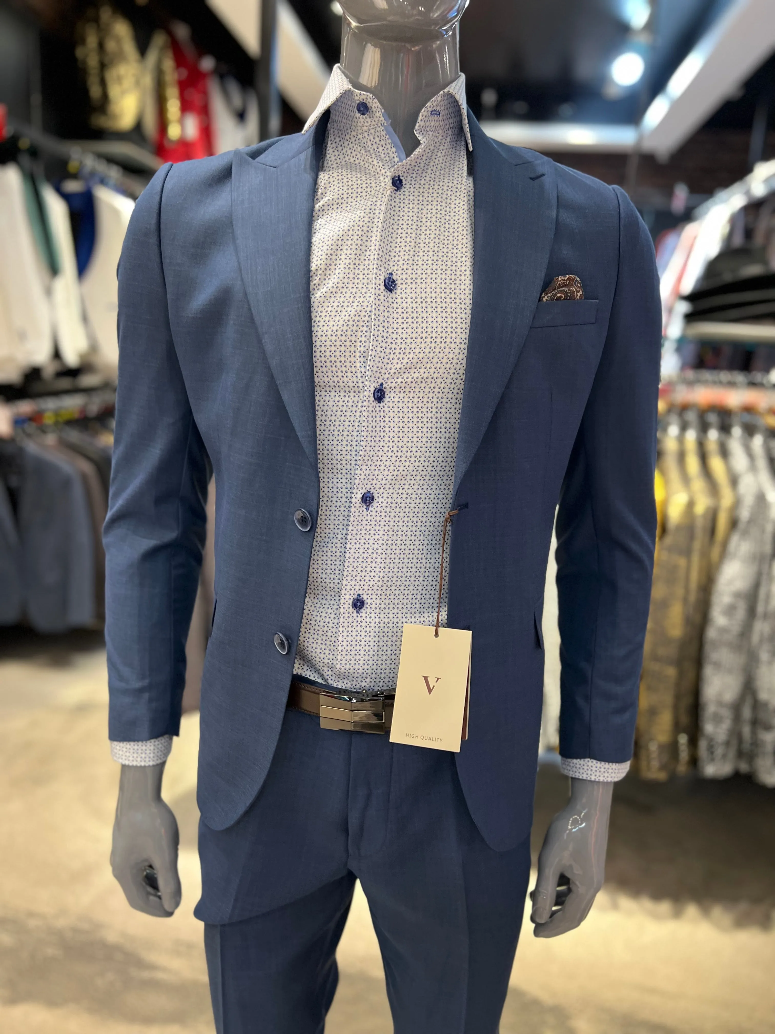 Vercini Classic Blue Textured Slim Fit Suit