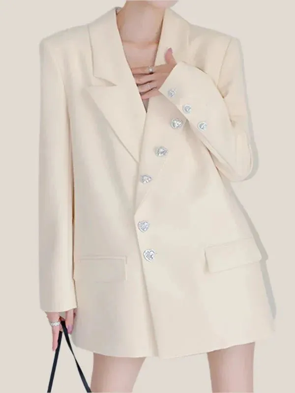 Wenkouban-Winter outfits Christmas Black Friday Beige Rhinestone Heart Button Suit Jacket