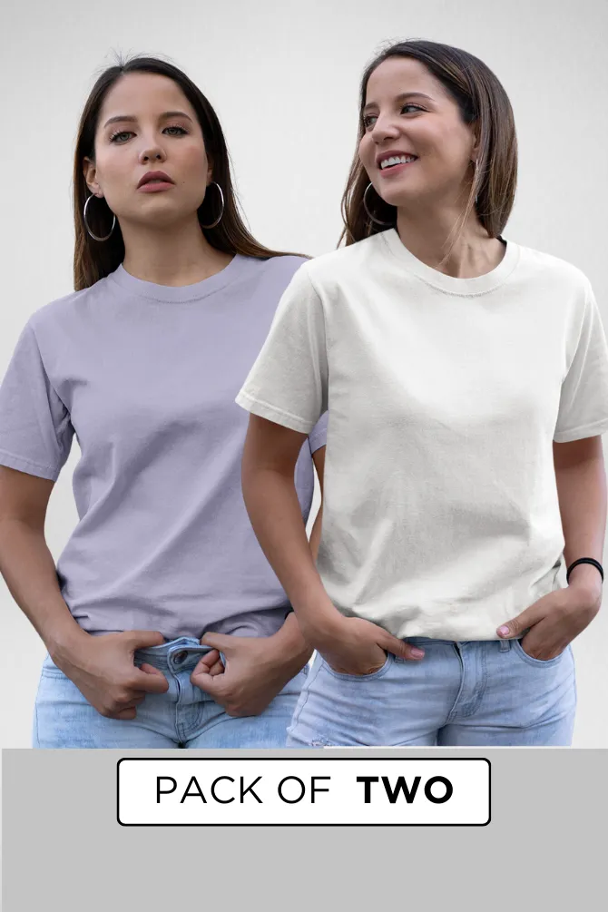 White and Lavender Plain T-shirts Combo for Women