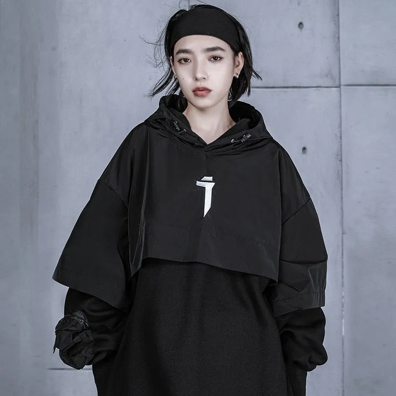 Women Fake two Pieces Sweatshirts Hoodie Oversized Techwear Embroidery Function Pullover Hip Hop Streetwear