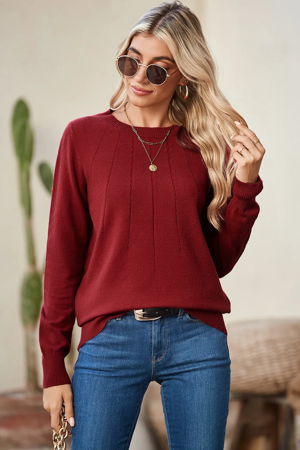 Womens Casual Lightweight Knit Pullover Crew Neck Long Sleeve Sweater Tops