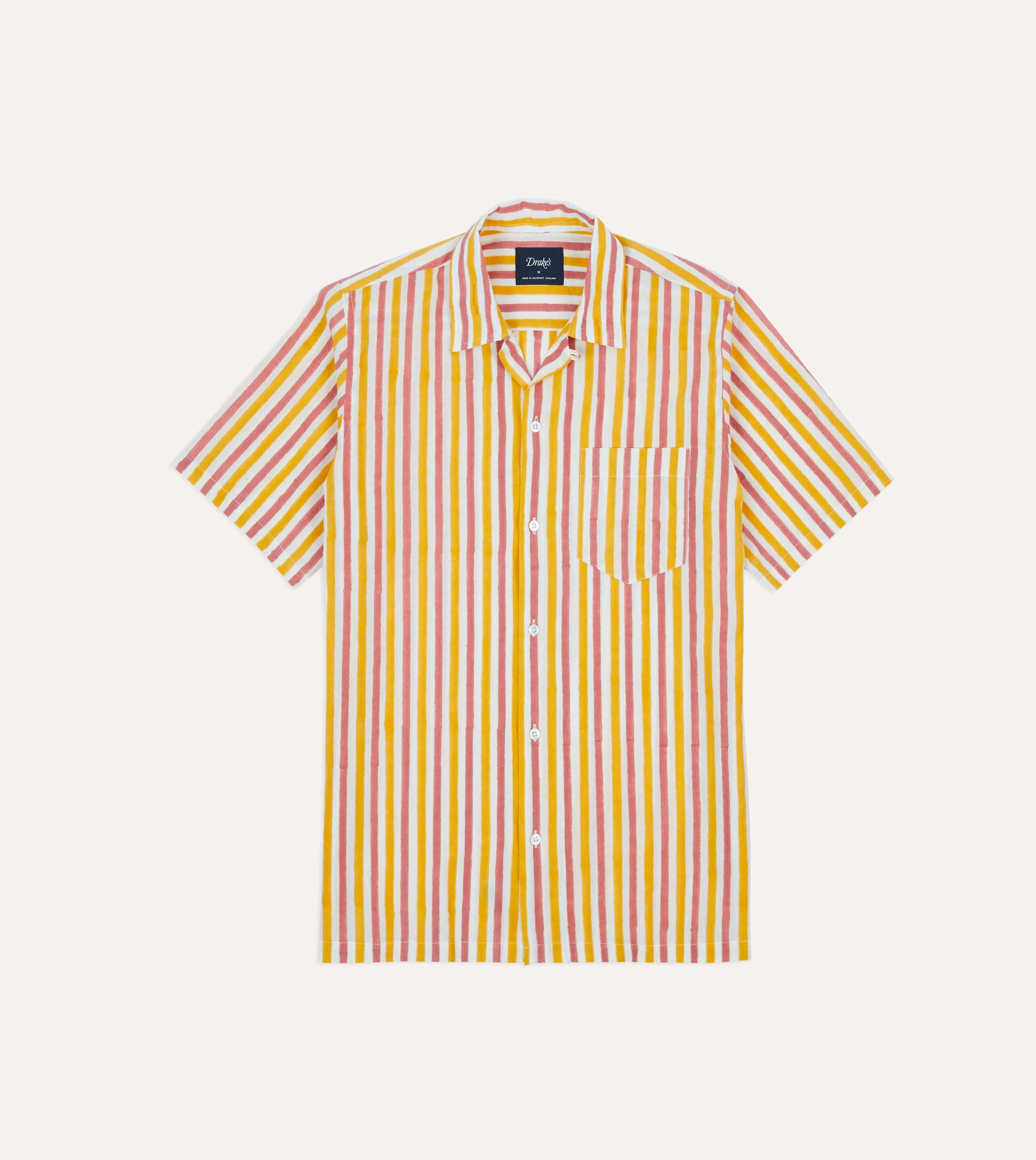 Yellow and Pink Stripe Block Print Cotton Camp Collar Short Sleeve Shirt