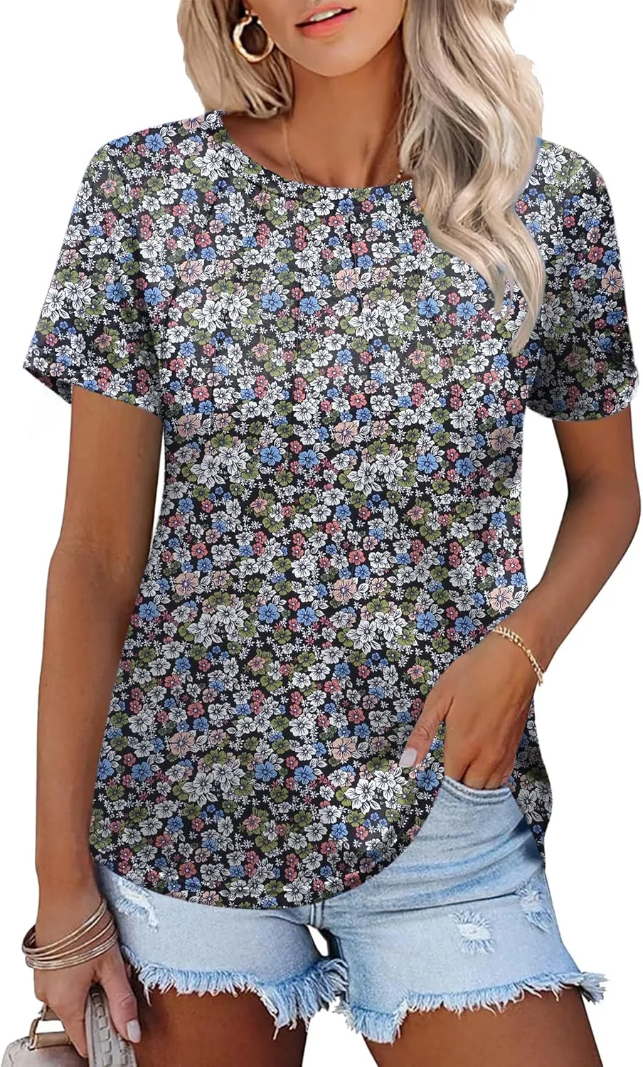 Zeagoo Womens Short Sleeve Tunic Shirts Floral Print Tops