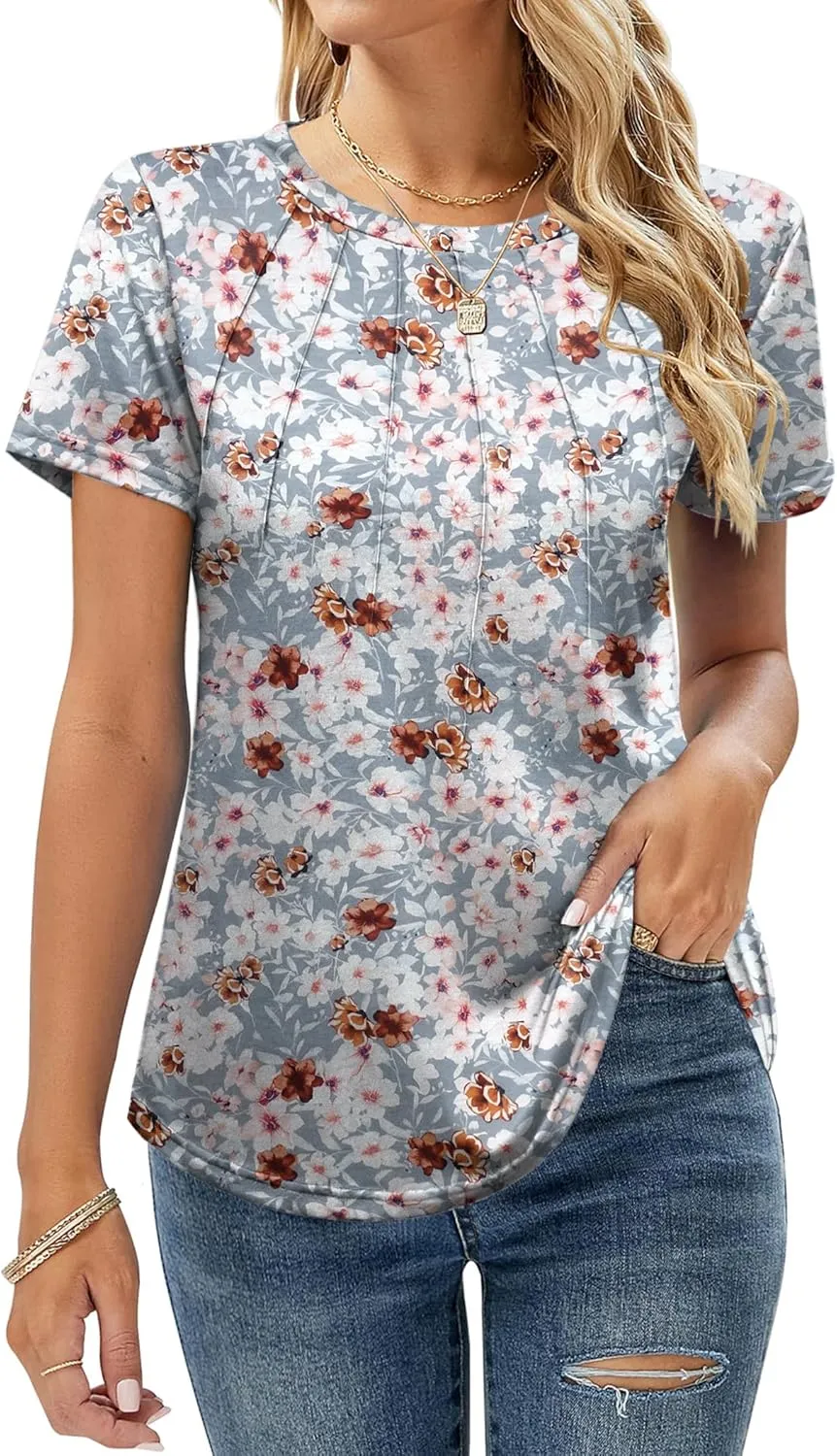 Zeagoo Womens Short Sleeve Tunic Shirts Floral Print Tops